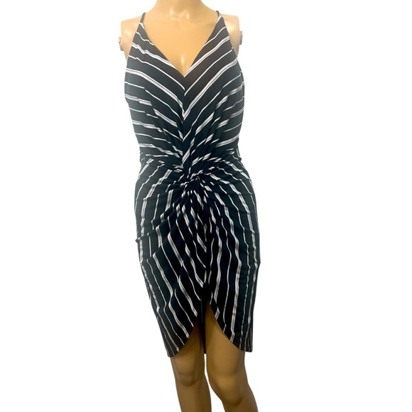 REVAMPED Bodycon Dress Stripes Ruched Assymeyrical Small Stretch Wrap Deep Neck - Picture 2 of 9